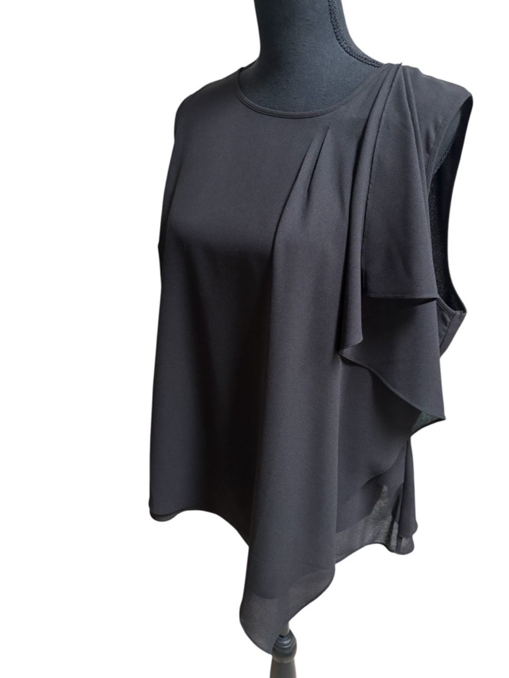 Charlie Paige Black Sleeveless Ruffle Asymmetrical Top Sophisticated Blouse Sz L